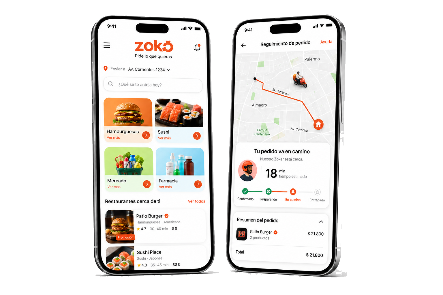 Aplicación móvil de delivery con restaurantes y seguimiento del pedido