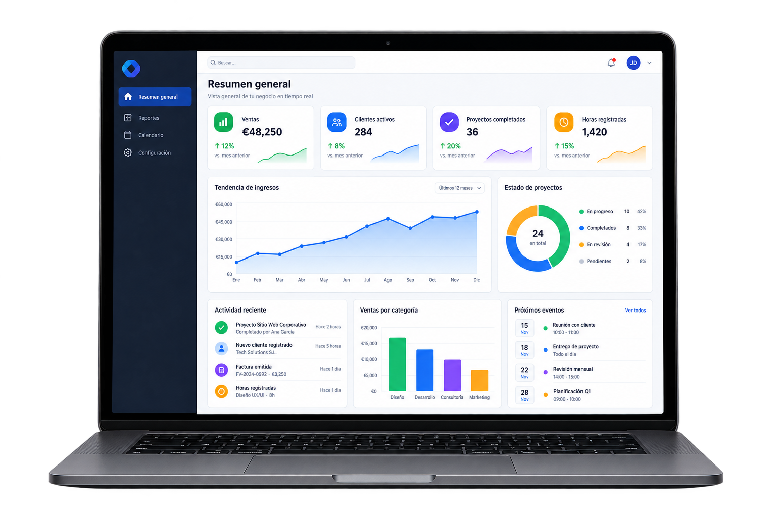 Notebook con panel de gestión completamente en español